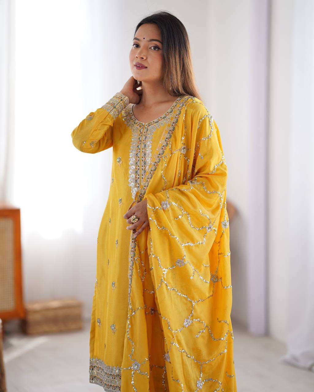 Women's Chinon Silk Embroidered Straight Kurti with Pant And Dupatta Set - Image 5