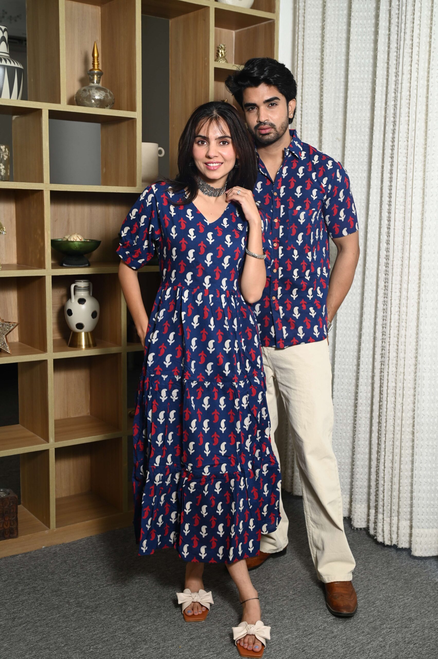 Couple Matching Navy Blue Cotton Anarkali Midi Dress and Shirt Set ? Red & White Abstract Print - Image 4